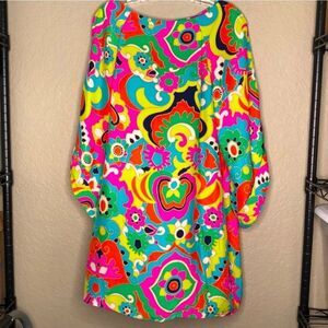 Alice & Trixie Colorful Long Sleeve Retro Floral Silk Dress Size Medium
